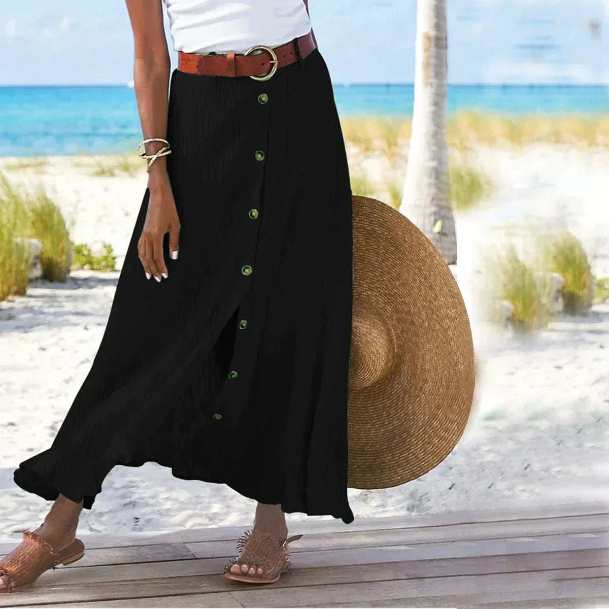 GR | Skirt Button-front Belt Long skirt Flowing skirt