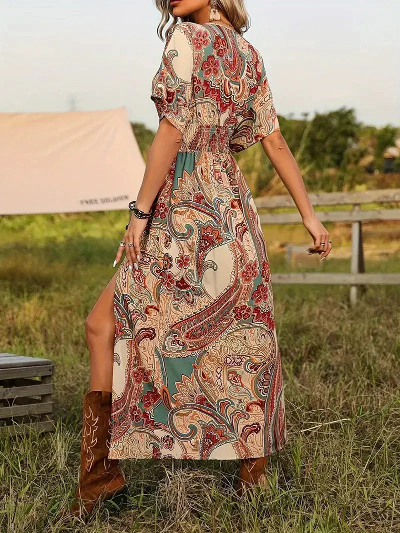 GR | Maxi dress, paisley print, short sleeves, boho dress, maxi sundress