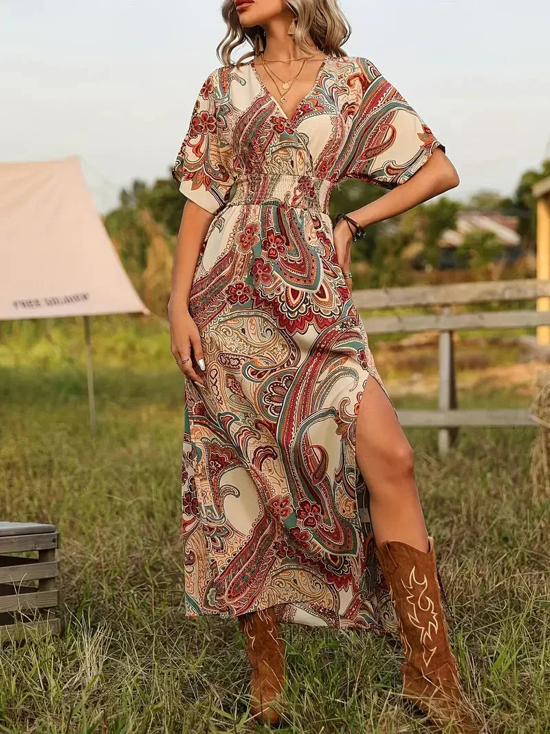 GR | Maxi dress, paisley print, short sleeves, boho dress, maxi sundress