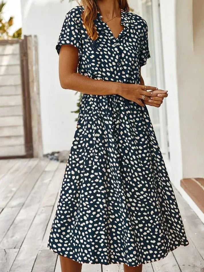 GR - Elegant short-sleeved shirt dress with polka dots and drawstring waist 