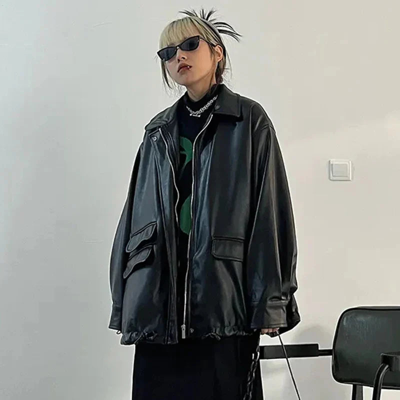 GR | Elegant oversized leather jacket for women