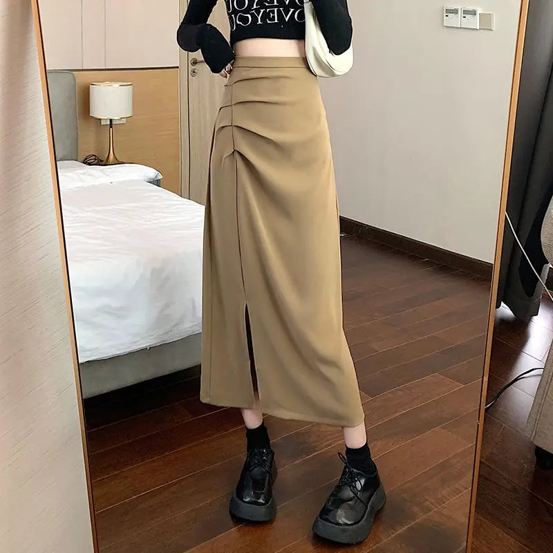 GR - Women's midi skirt with pleats and side slit in Korean style
