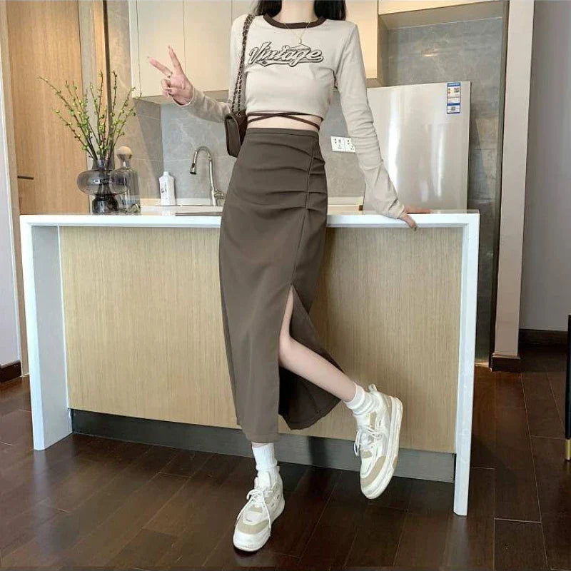GR - Women's midi skirt with pleats and side slit in Korean style