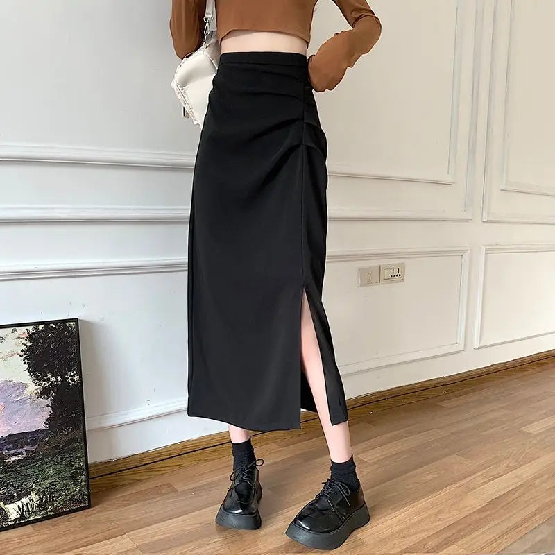 GR - Women's midi skirt with pleats and side slit in Korean style