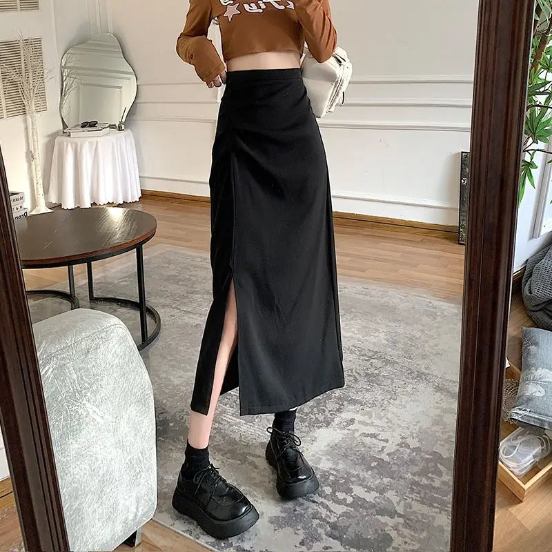 GR - Women's midi skirt with pleats and side slit in Korean style