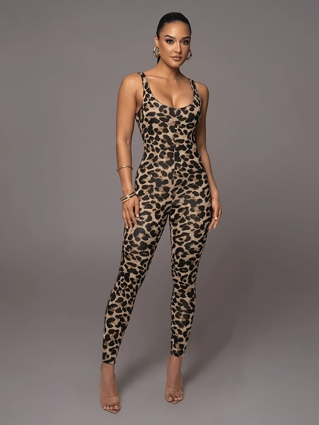 GR | Women's Leopard Print Jumpsuit, Trendy Sporty Catsuit with High Stretch