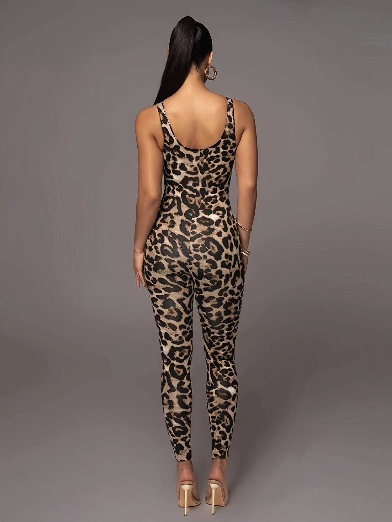 GR | Women's Leopard Print Jumpsuit, Trendy Sporty Catsuit with High Stretch