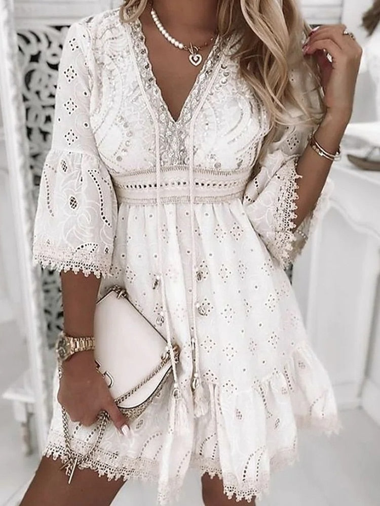 GR | Half-sleeve boho style lace dress, summer dress