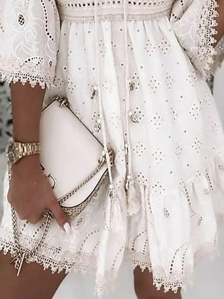 GR | Half-sleeve boho style lace dress, summer dress