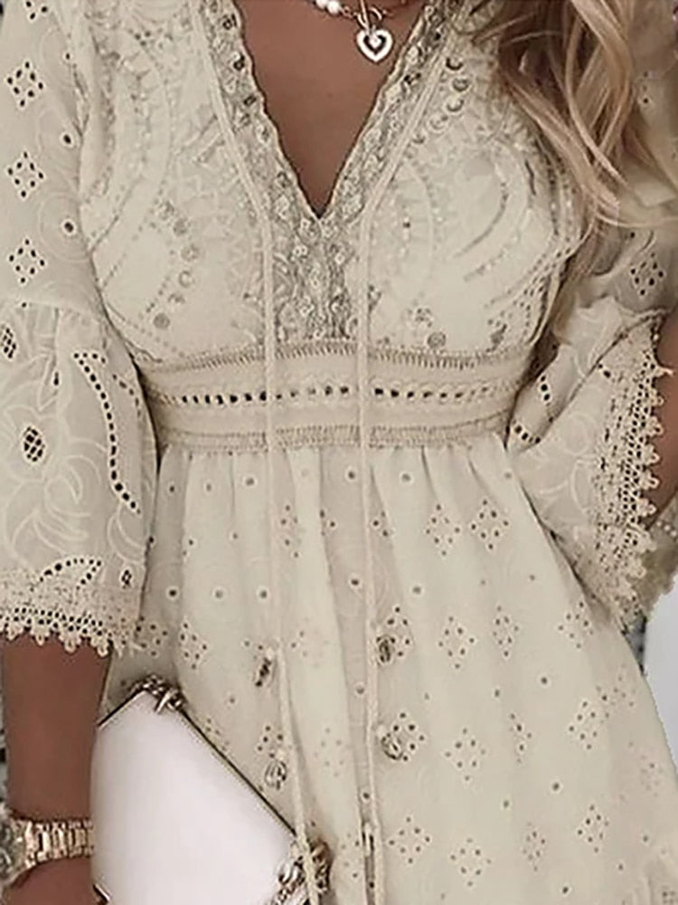 GR | Half-sleeve boho style lace dress, summer dress