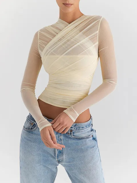 Mozision Sheer Mesh Sexy Long Sleeve Shirt 