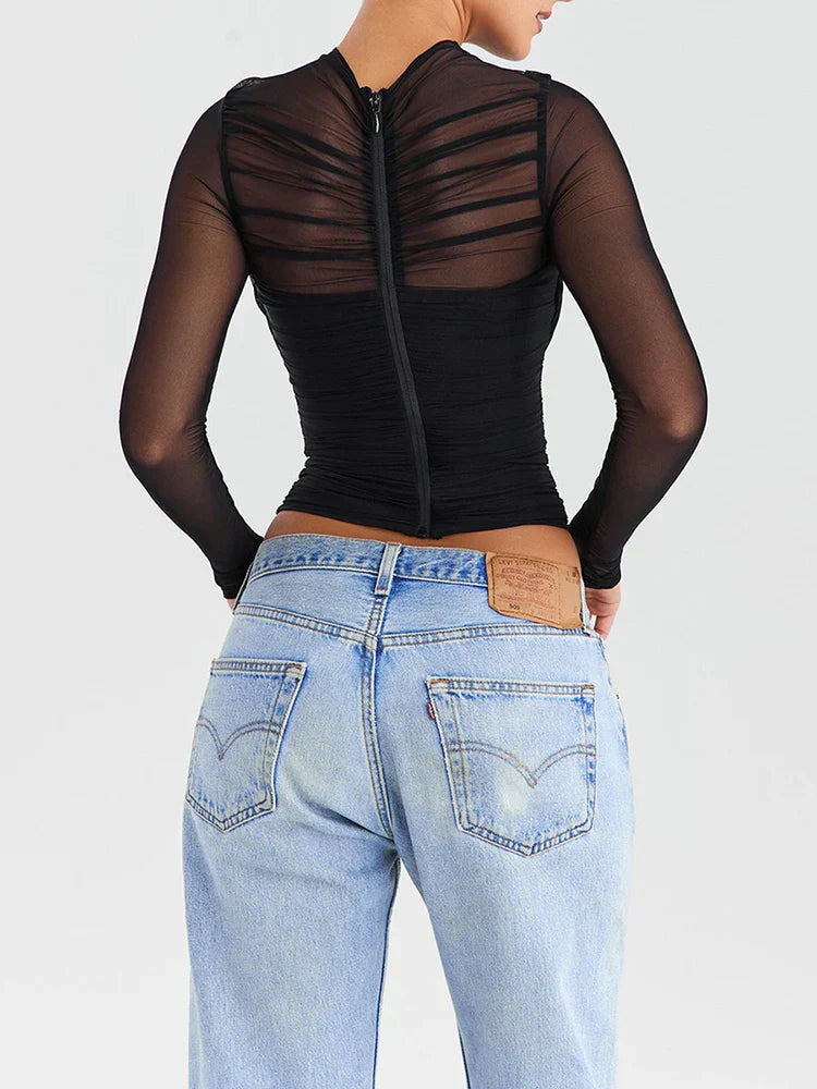 Mozision Sheer Mesh Sexy Long Sleeve Shirt 