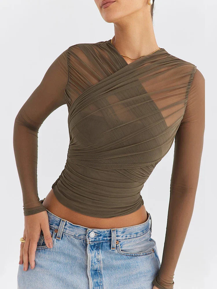 Mozision Sheer Mesh Sexy Long Sleeve Shirt 