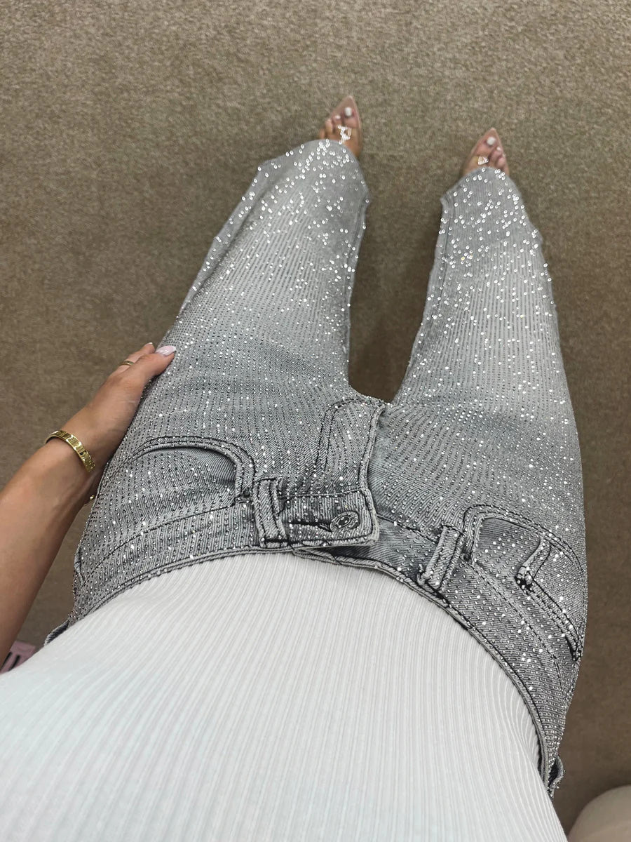 GR | Jeans Mit Hoher Taille Und Diamant Details