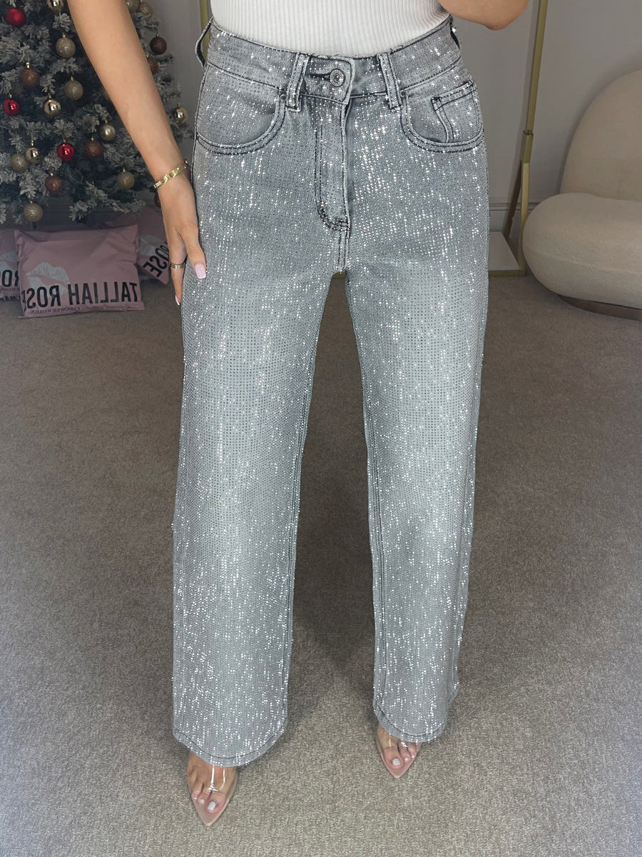 GR | Jeans Mit Hoher Taille Und Diamant Details