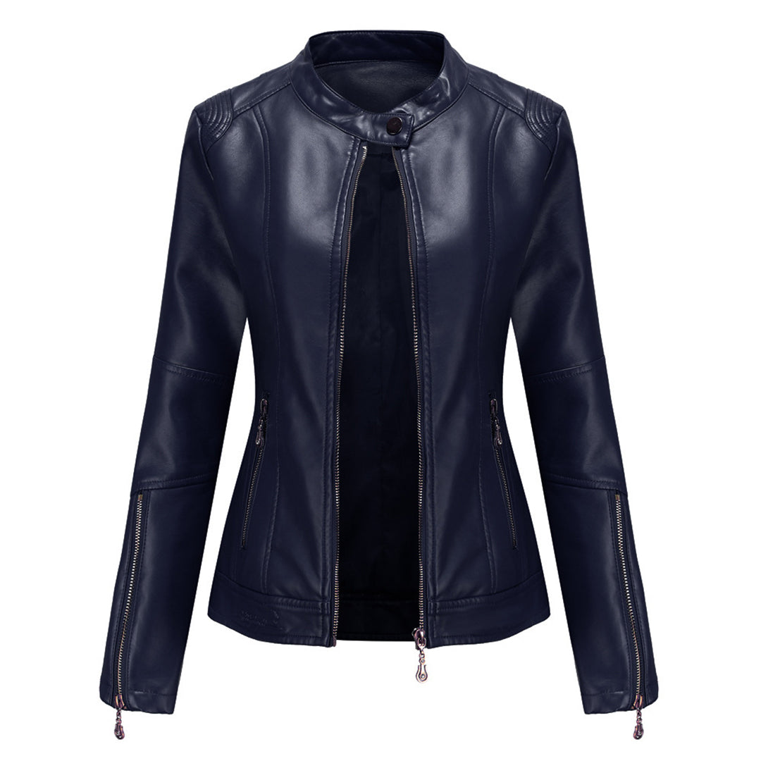 GR | Elegant leather jacket with round neck and button closure for women