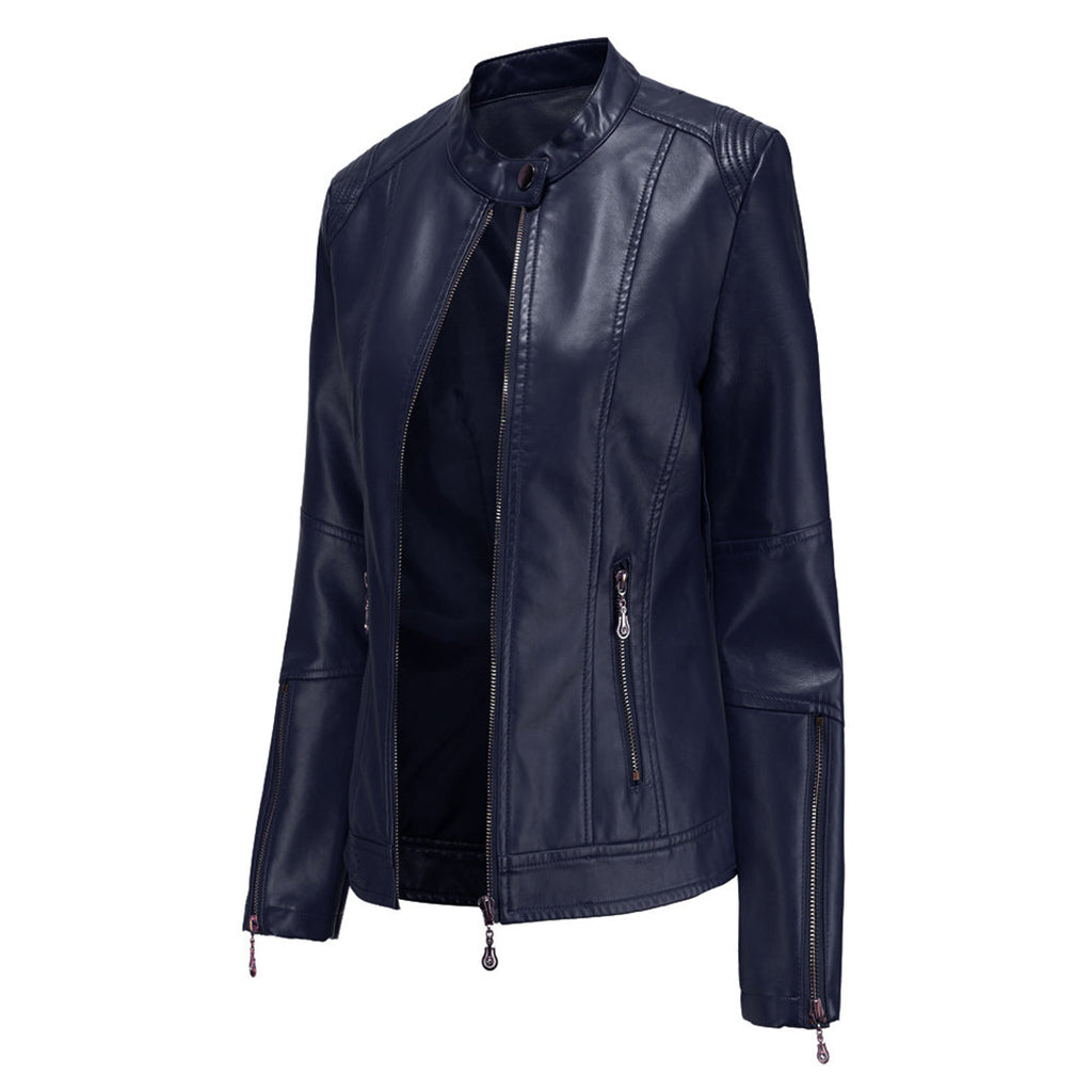GR | Elegant leather jacket with round neck and button closure for women