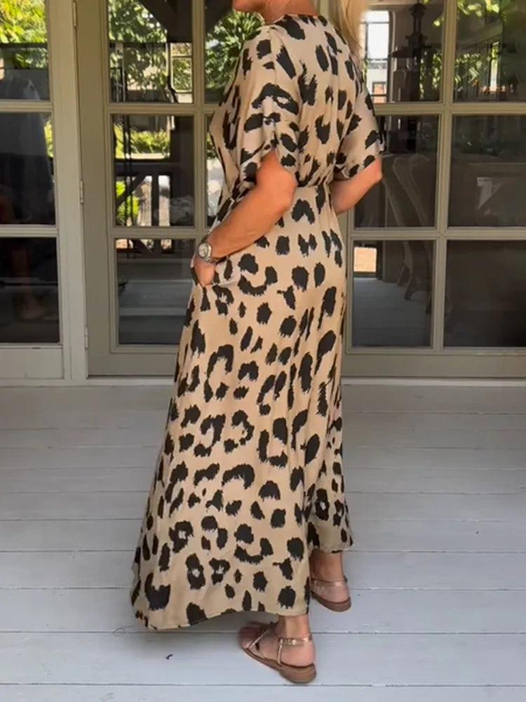 GR | Women's dress set with V-neck and leopard print