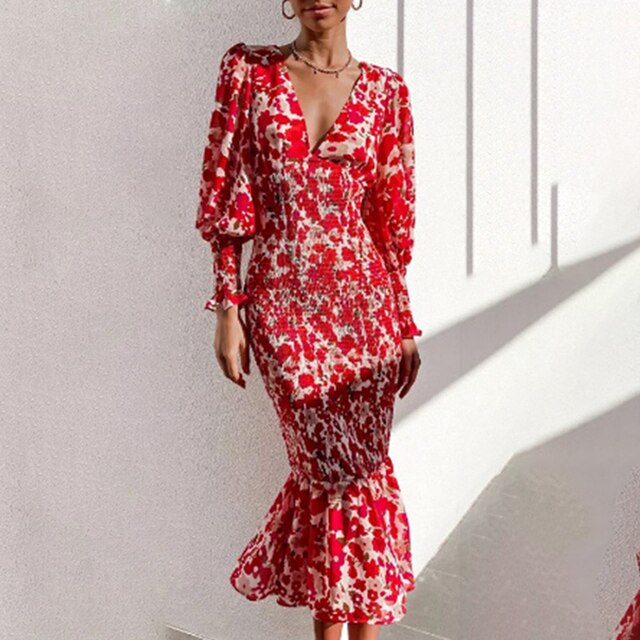 GR - Printed trumpet dress with V-neck