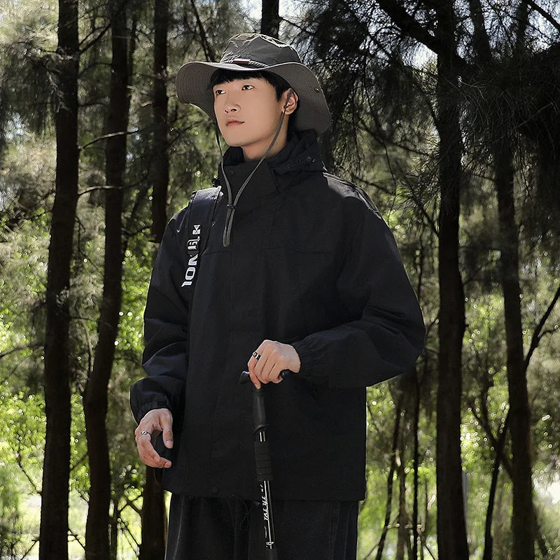 GR - Unisex outdoor windproof and waterproof hooded jackets with long sleeves and color-matched zipper
