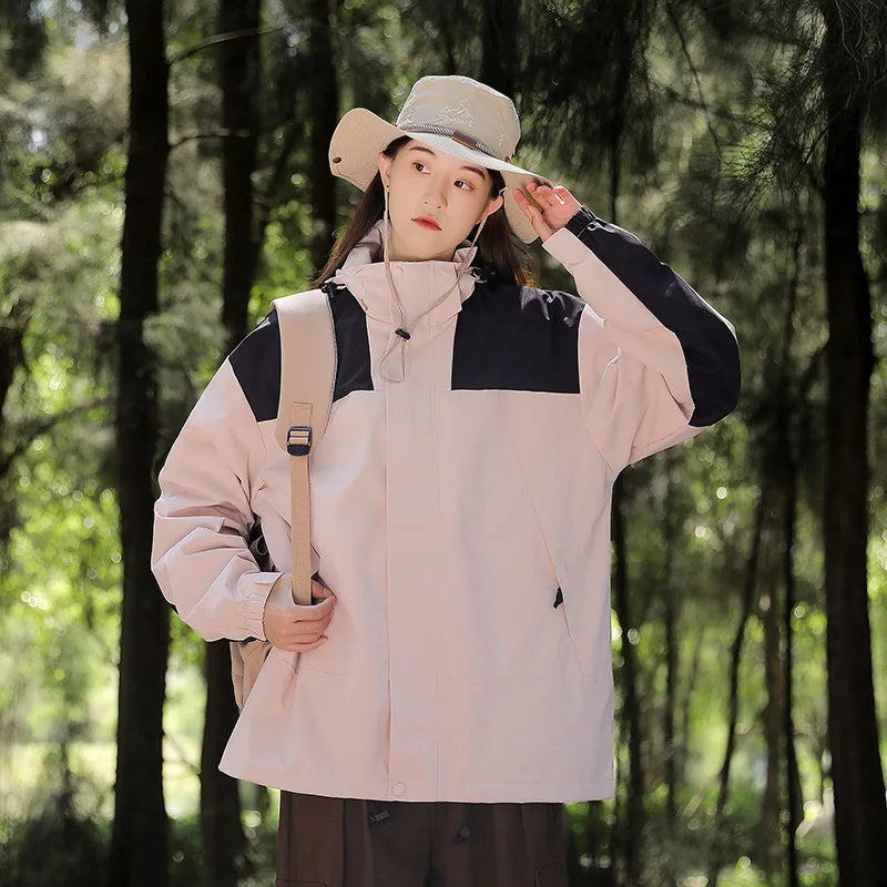 GR - Unisex outdoor windproof and waterproof hooded jackets with long sleeves and color-matched zipper