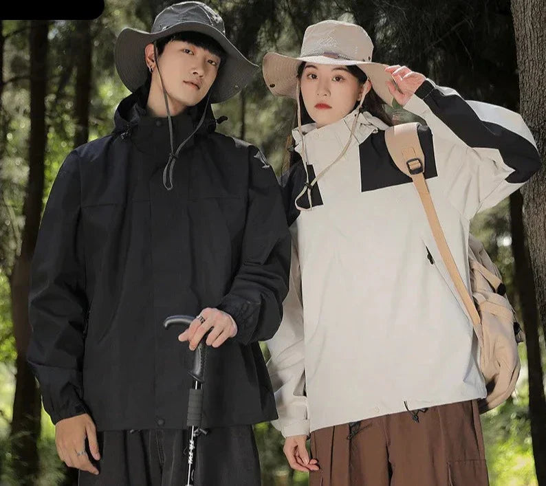 GR - Unisex outdoor windproof and waterproof hooded jackets with long sleeves and color-matched zipper