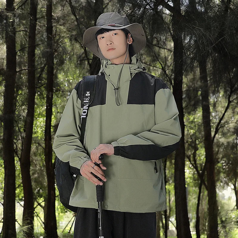 GR - Unisex outdoor windproof and waterproof hooded jackets with long sleeves and color-matched zipper