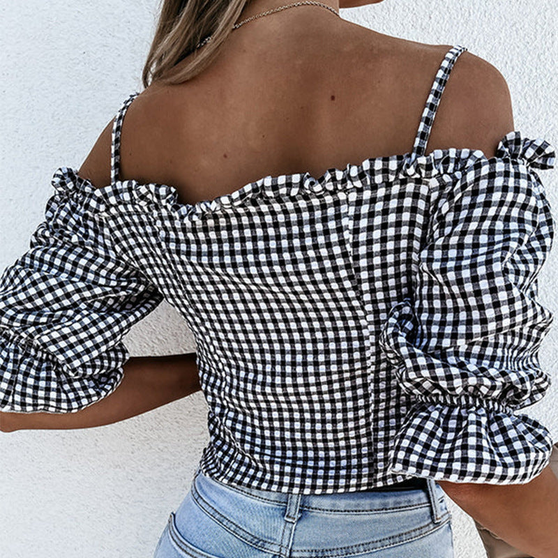 Damen Off-Shoulder Bluse mit Rüschendetails und Karomuster GR
