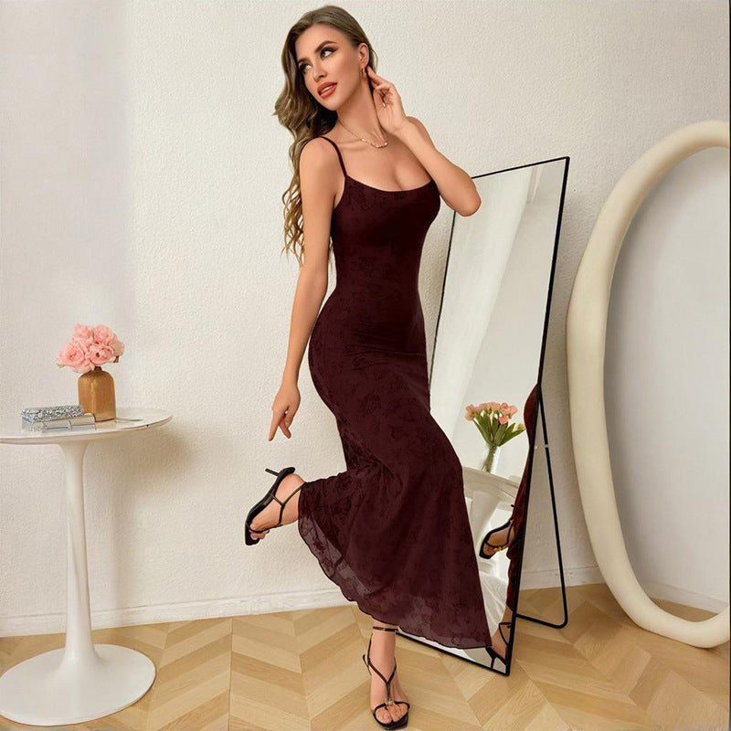 Women's Elegant Floor-Length Lace Dress with Spaghetti Straps Size