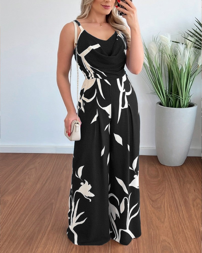 Women's elegant jumpsuit with flowing fabric and fashionable floral pattern, size [size]