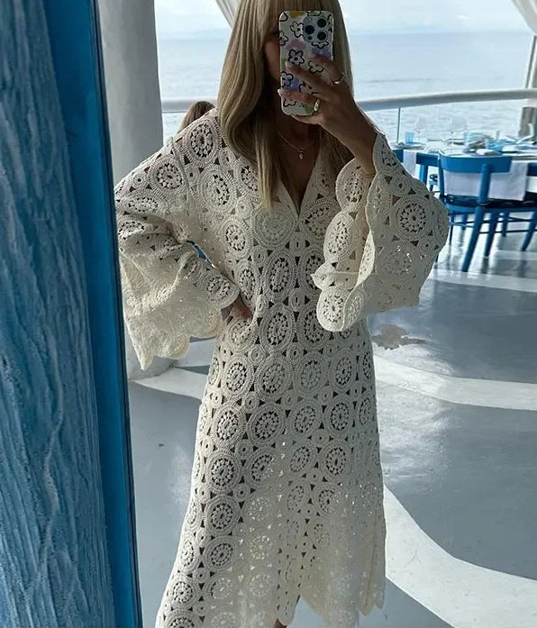 Women's airy crochet dress with wide sleeves, size