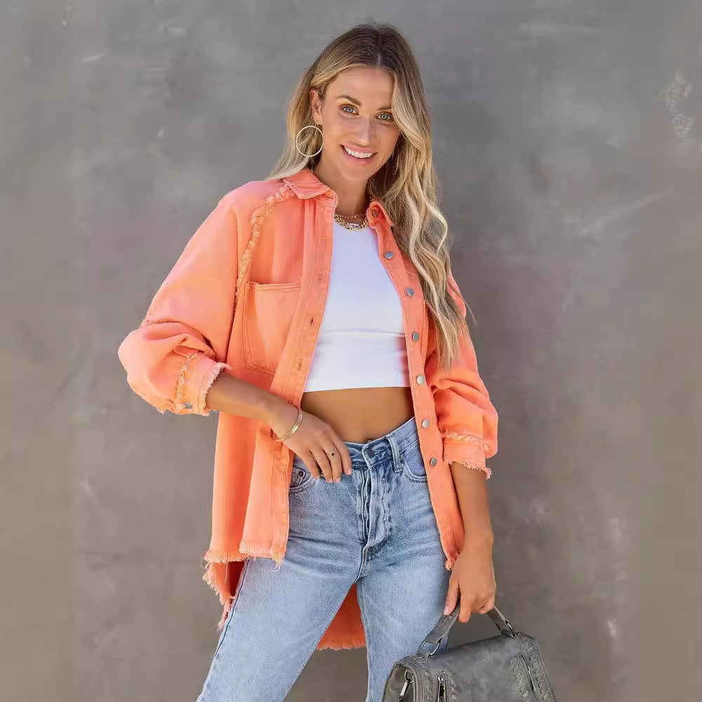 Women's casual overshirt jacket in lightweight denim with fringed details, size S