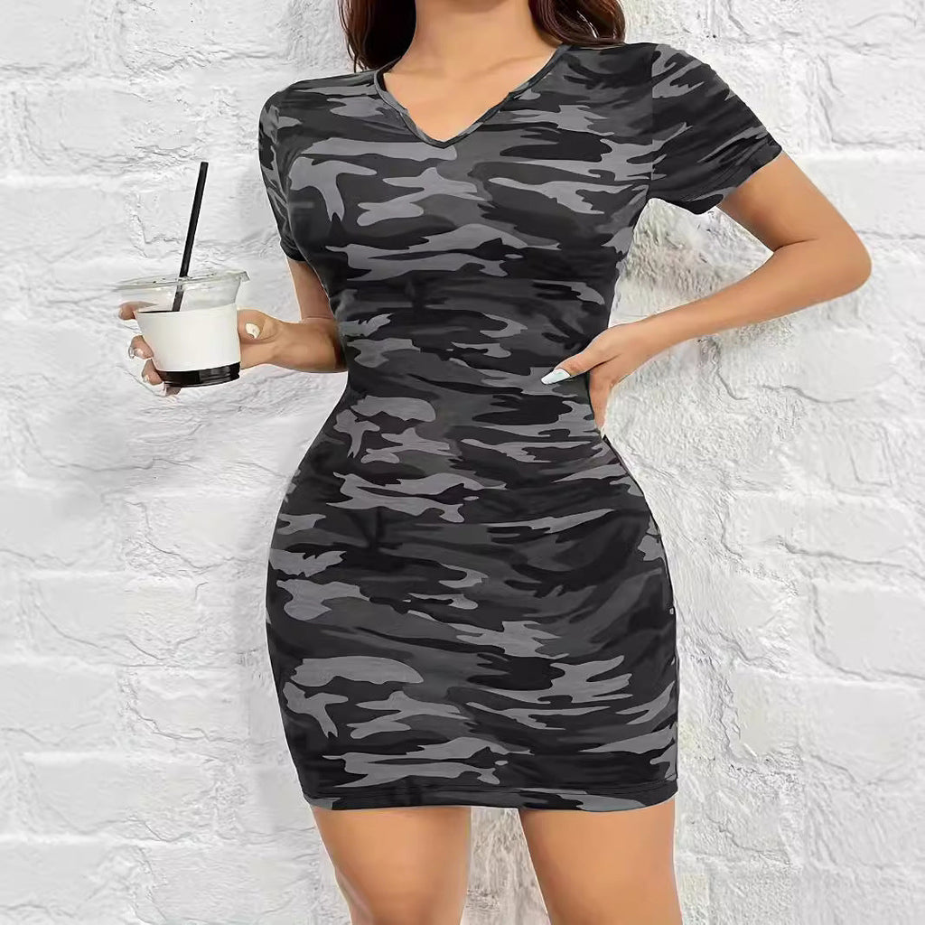 Damen Kurzarm Kleid im angesagten Camouflage-Stil mit figurbetontem Schnitt und V-Ausschnitt GR