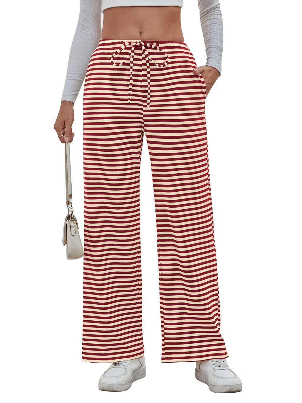 Damen weite Streifenhose mit elastischem Bund und Kordelzug GR
