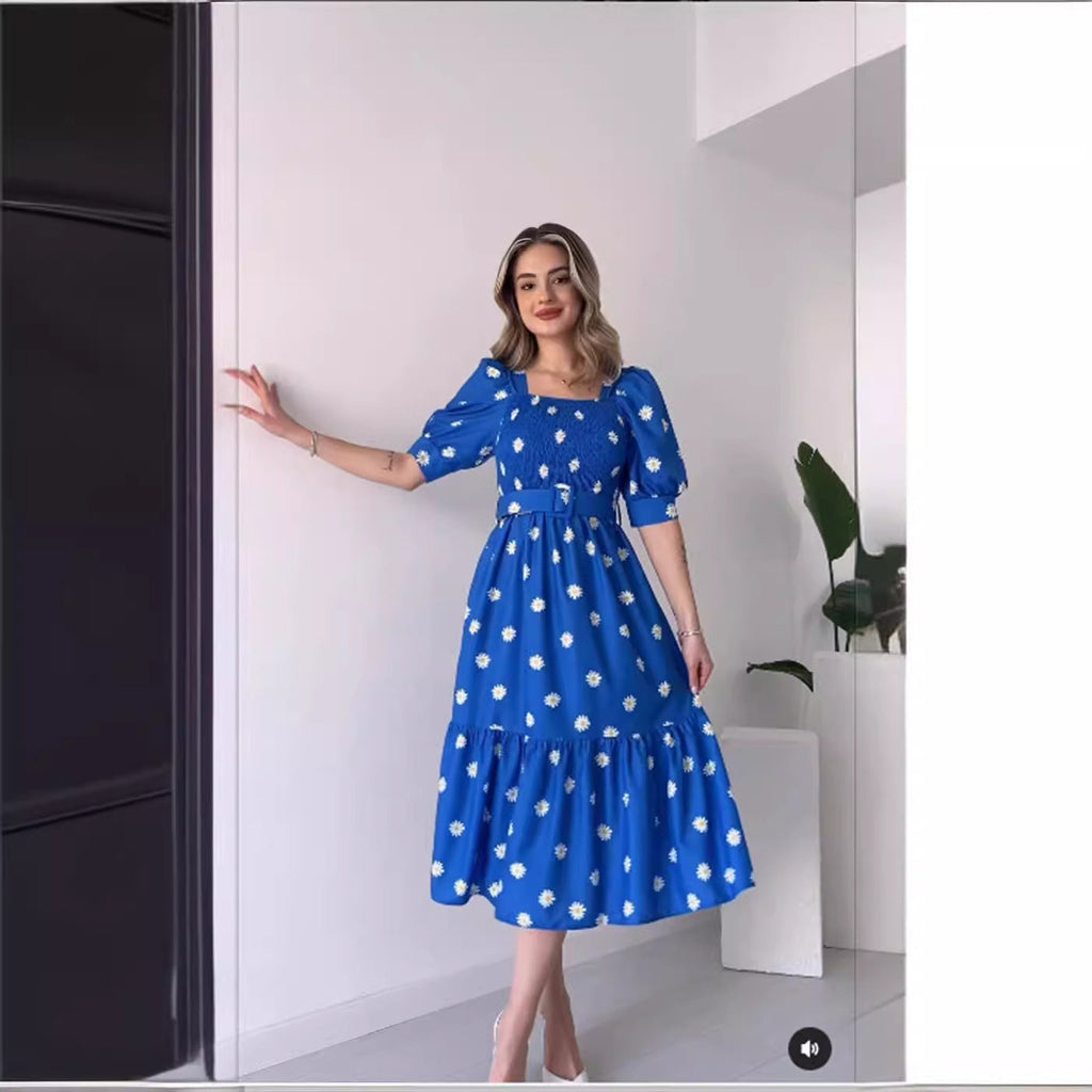 GR | Bedrucktes, taillenbetontes U-Ausschnitt Elegantes Kleid