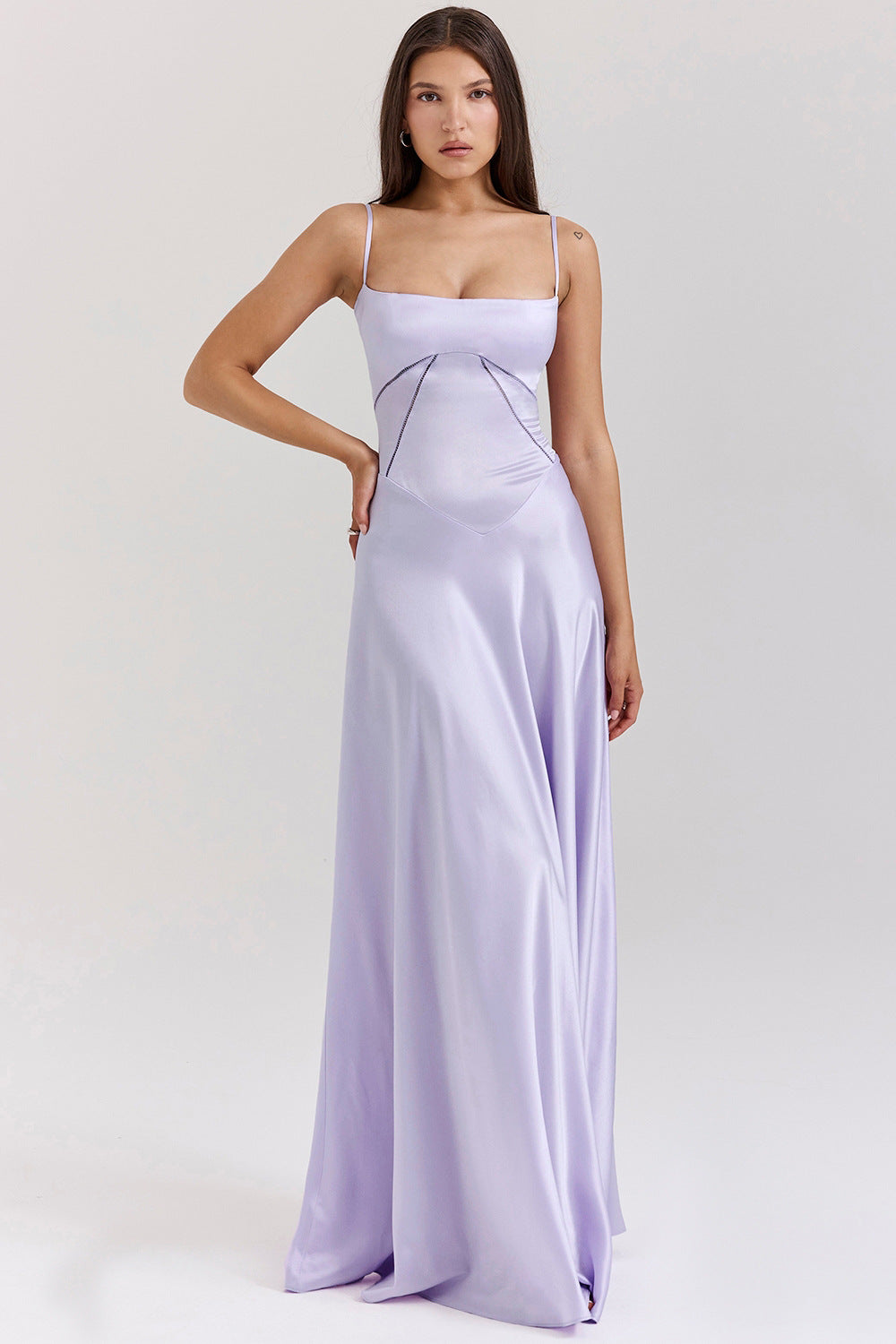 GR | Evening dress, satin sheen, spaghetti straps, backless, slim fit, elegant dress
