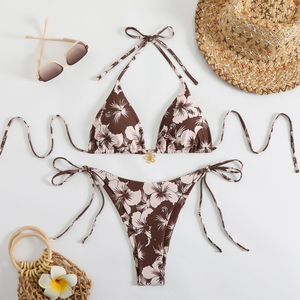 GR | Women's triangle bikini set with playful floral pattern and tie straps