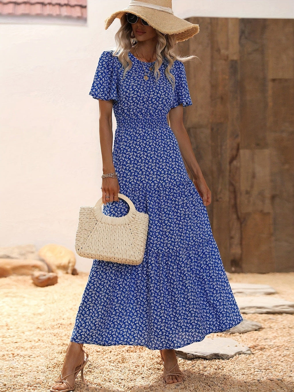 Women's midi dress with voluminous sleeves and flowing skirt, size S