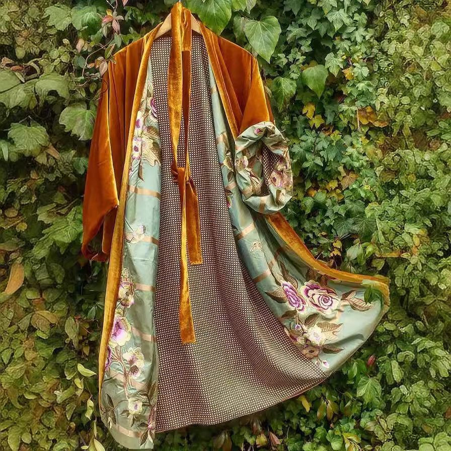 GR | Satin Digital Floral Taille Gürtel Cardigan Schlafanzug