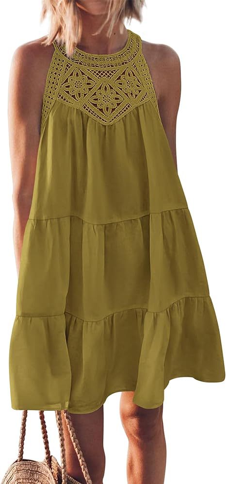 Women's airy summer dress with lace trim and wide hem, size [size]