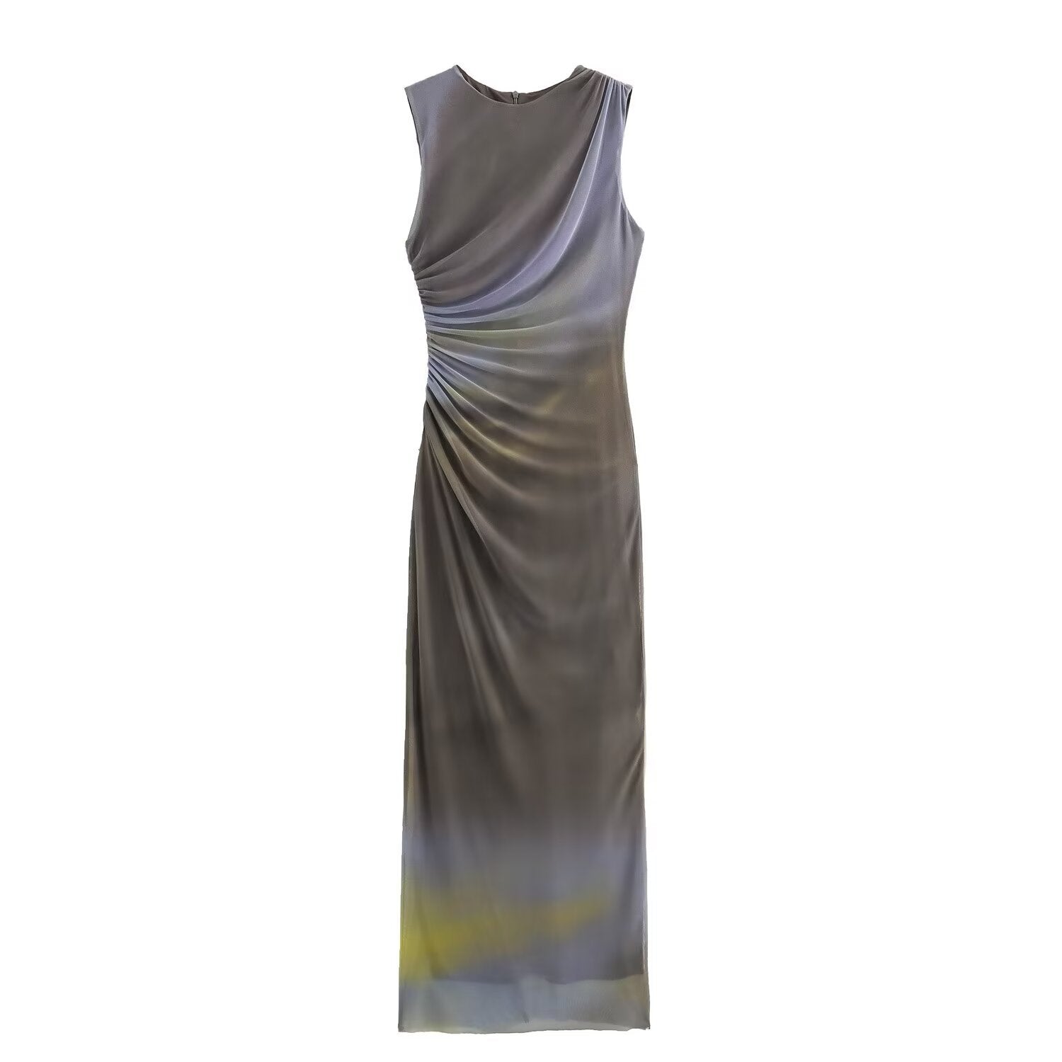 GRMODE | Solid Color Round Neck Sleeveless Pleated Slim Fit Dress