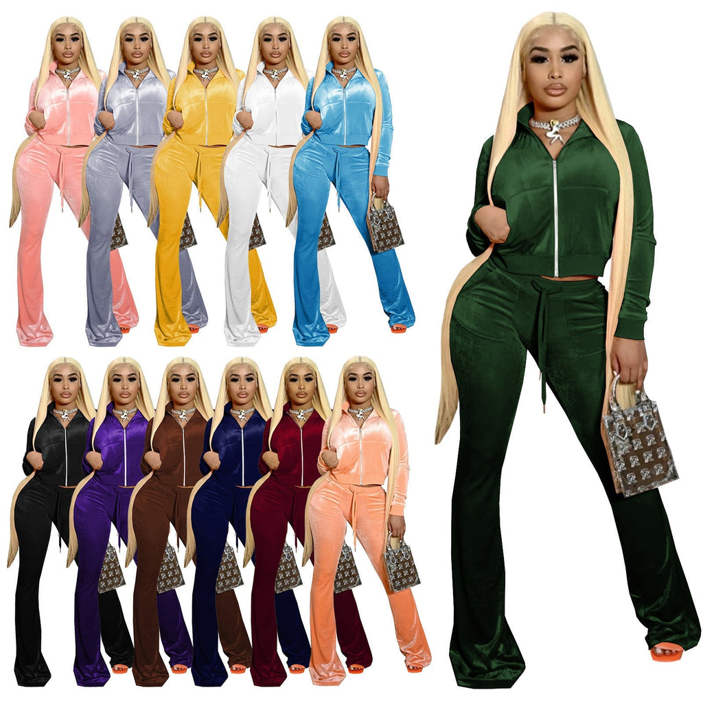Damen Velours Tracksuit mit Zip-Front und weit geschnittener Hose GR