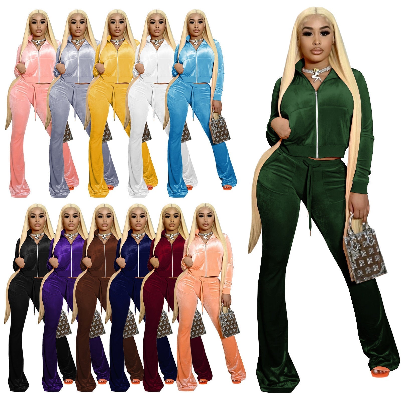 Damen Velours Tracksuit mit Zip-Front und weit geschnittener Hose GR