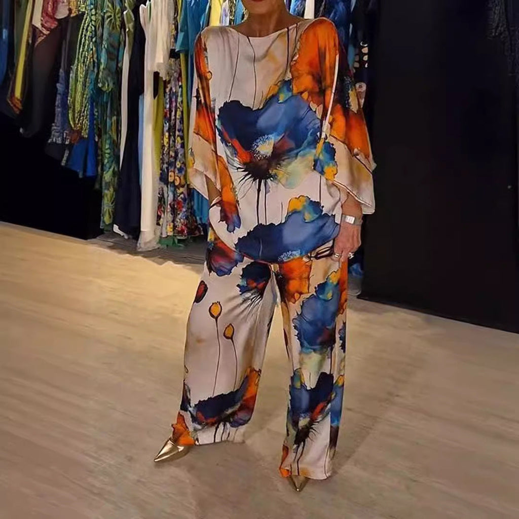 GR | Elegant satin one-shoulder printed loose set 