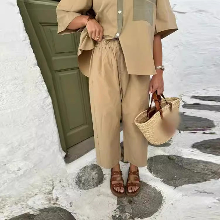 Women's casual two-piece suit with a chic shirt and wide-legged trousers, size [size missing]