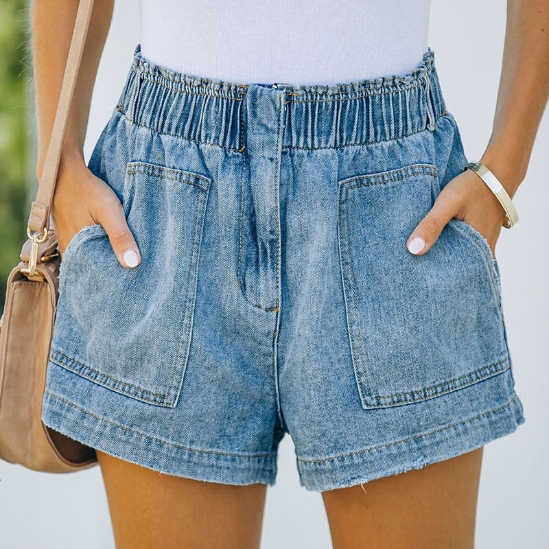 Women's denim shorts with elasticated waistband and relaxed fit, size