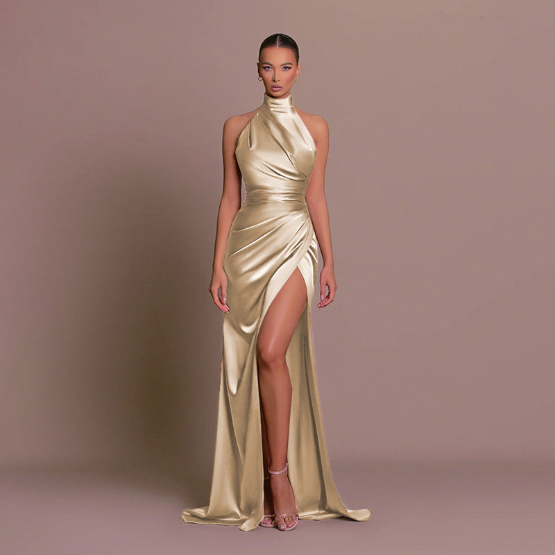 GR | Bridesmaid Dress Satin Halter Open Back Sleeveless Elegant Wedding Cocktail Ceremony Guest 