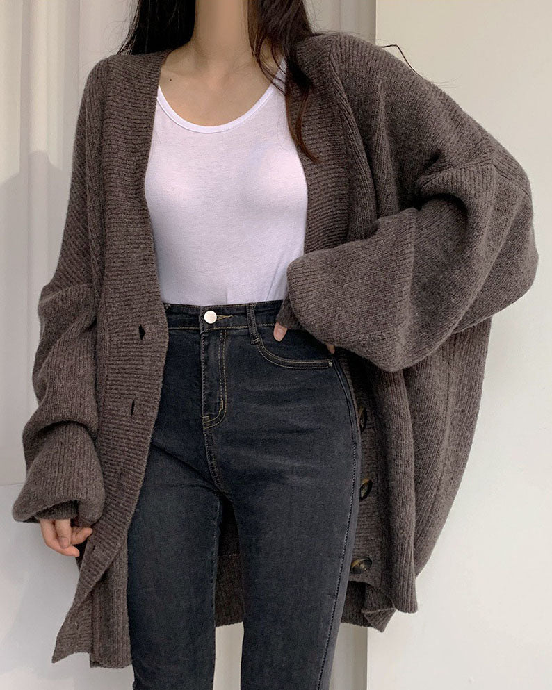 GR V-neck single-breasted loose lantern sleeve knit cardigan