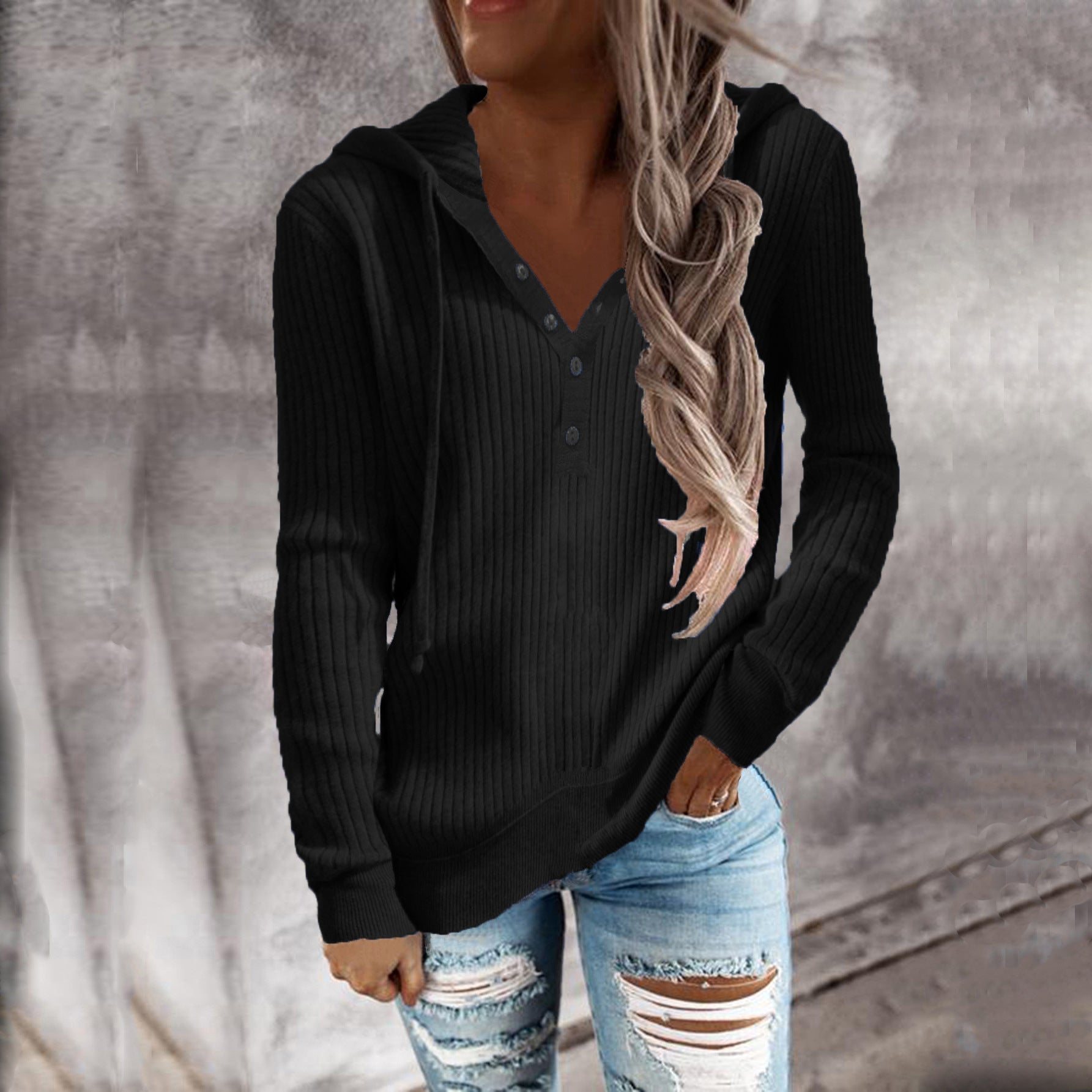Damen Kapuzenpullover mit strukturiertem Rippdesign und praktischen Knopfdetails GR