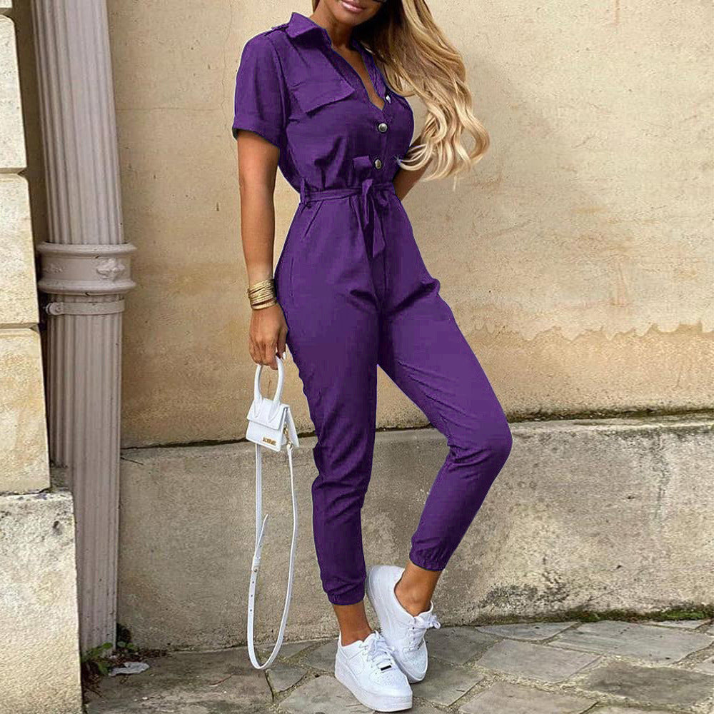 Women's figure-hugging short jumpsuit with button placket and adjustable belt, size S